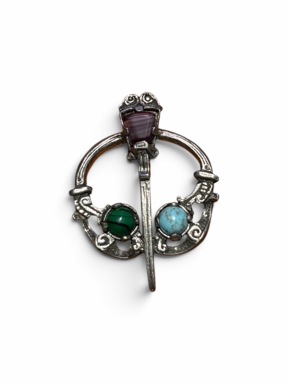 Vintage Signed Miracle Celtic Torch Penannular Brooch Scottish Faux Agate